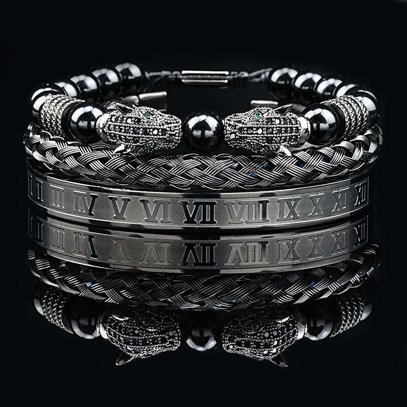 Micro-Inlaid Zircon Double Leopard Head Shiny Black Bead Braided Bracelet Stainless Steel Roman Bangle