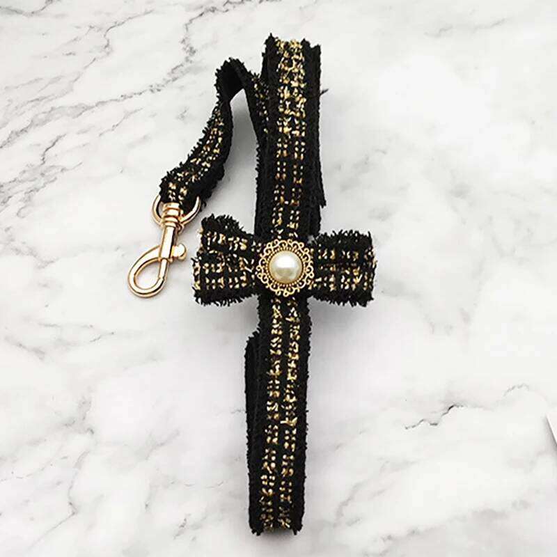 Lace Leash Set Vintage Bowknot Pearl Bells Girl Dog Adjustable for Small Medium Dogs Puppy Collar Pet Supplies