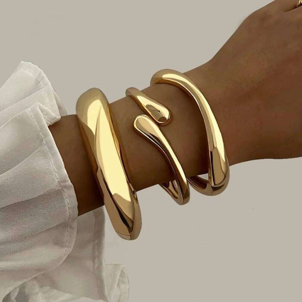 3pcs Chunky Smooth Water Drop Cuff Bracelets for Women Dainty 14k Gold Plated Big Stackable Spring Bangles Set Stack Jewelry Z260123