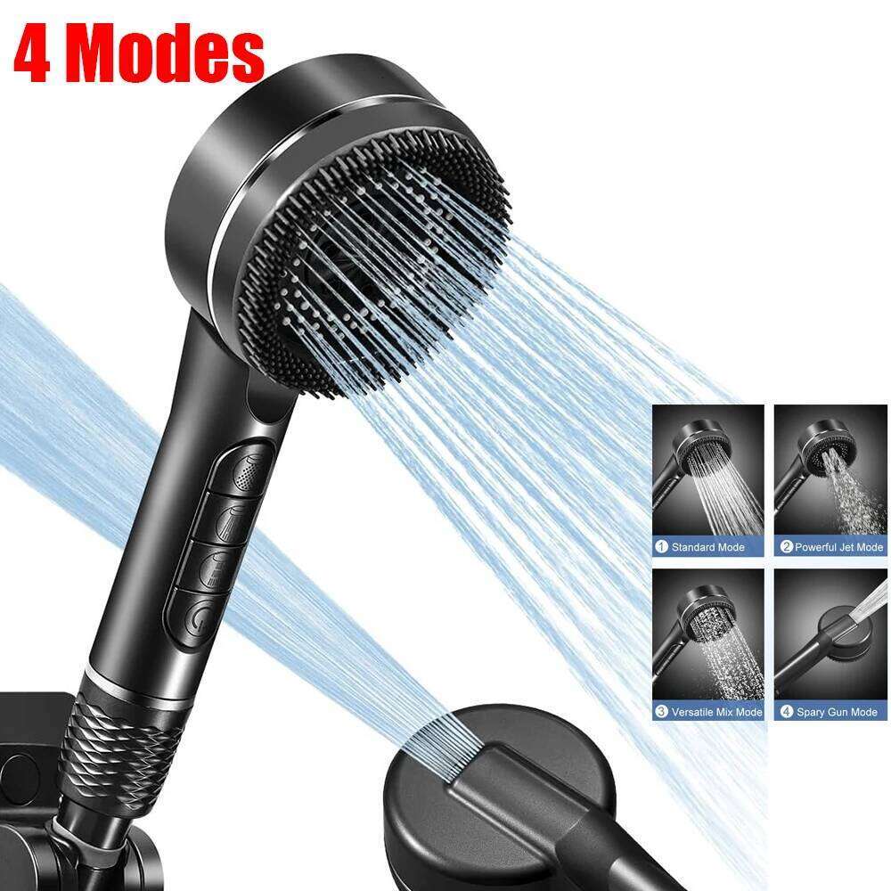 4 Modes Pressurized Head Thickened ABS Handheld Filter Showerhead with Silicone Brush One-Key Stop Water Shower Nozzle 26Y0123 M260320