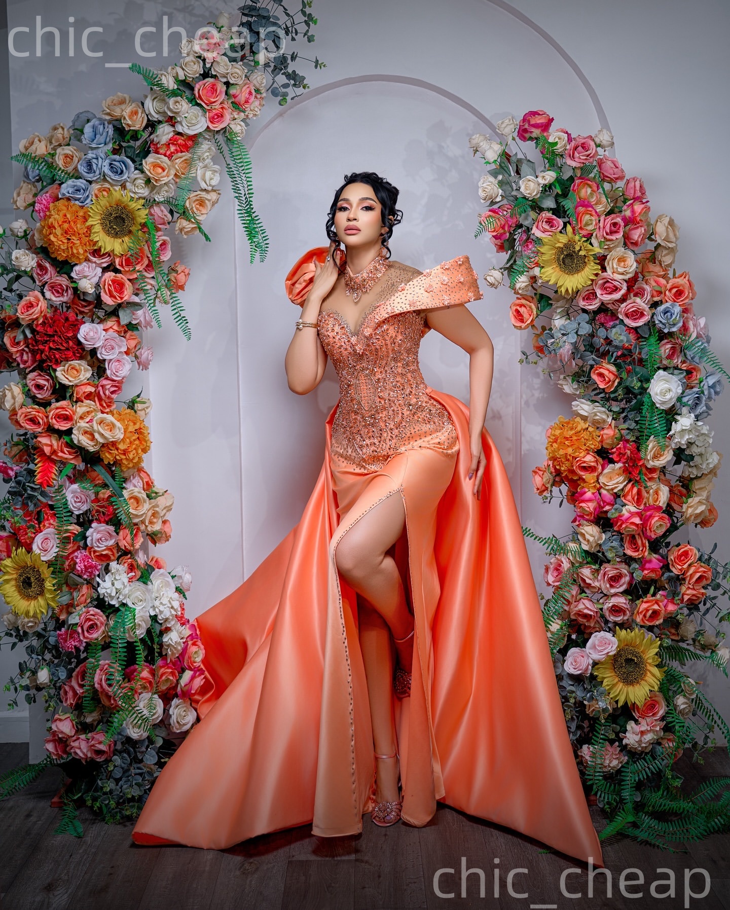 Aso Ebi Coral Sheath Prom Dresses 2026 Flowers Crystals Satin Detachable Train Evening Formal Party Second Birthday Reception Gowns Dress For Special 