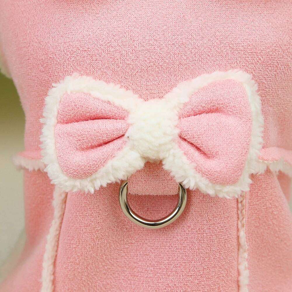 Dog Jacket With Bowknot Decoration, Winter Composite Fabric, Plush Pet Clothing With Traction Ring, Cotton Jacket