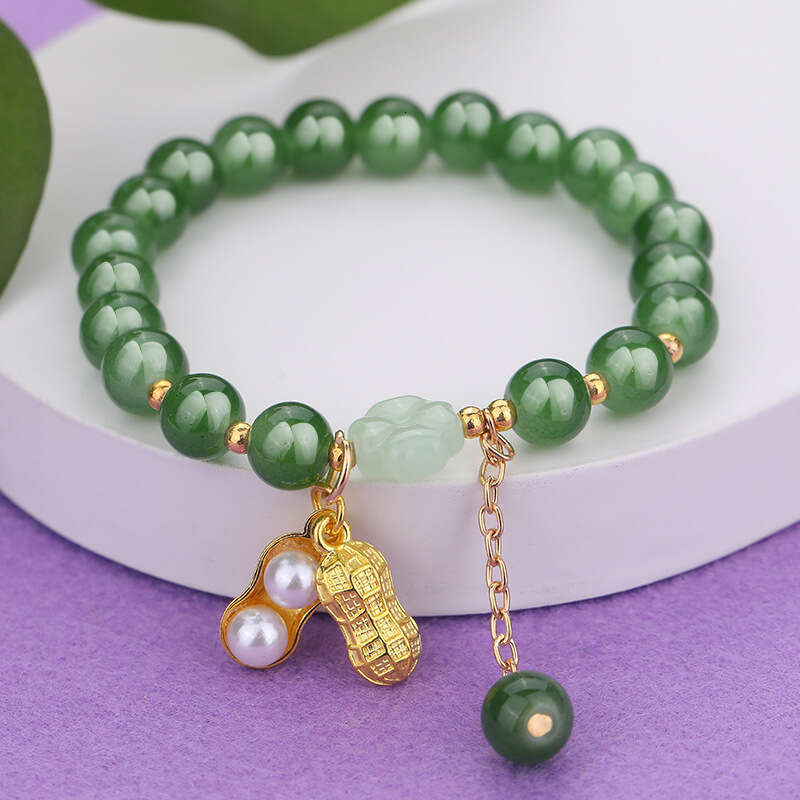 Elegant Green Jade Bead Bracelet with Gold Charm Lucky Chinese-Style Fashion Jewelry for Women & Girls
