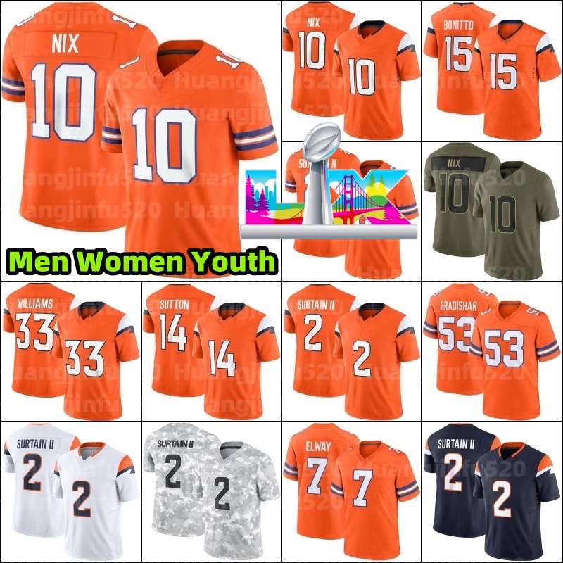 Bo Nix Patrick Surtain II Football Jersey Nik Bonitto John Elway Peyton Manning Courtland Sutton Marvin Mims Jr Jahdae Barron Hufanga RJ Harvey Jaylen Waddle