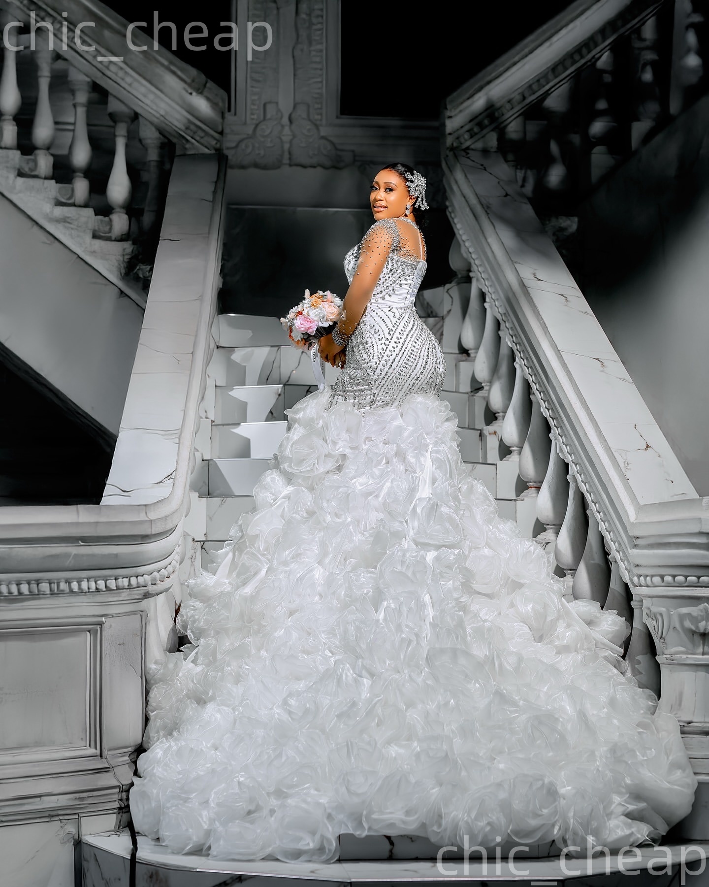 African Aso Ebi 2026 Ivory Mermaid Wedding Dress Luxurious Beaded Crystals Organza Tiers Sheer Neck Bridal Gowns Dresses ZJ2371