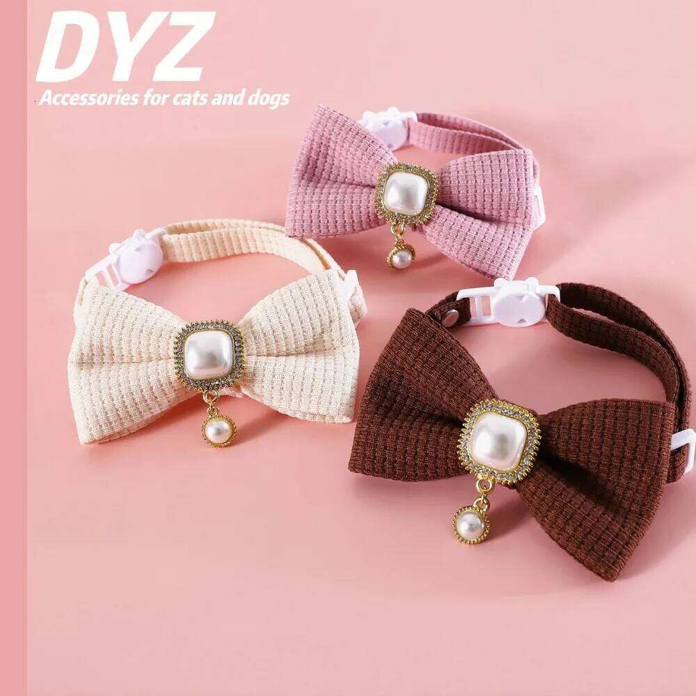 Pet Woven Plaid Retro Pearl Tie Collar For Cats And Dogs Adjustable Anti-Suffocation Princess Birthday Bow - view 6