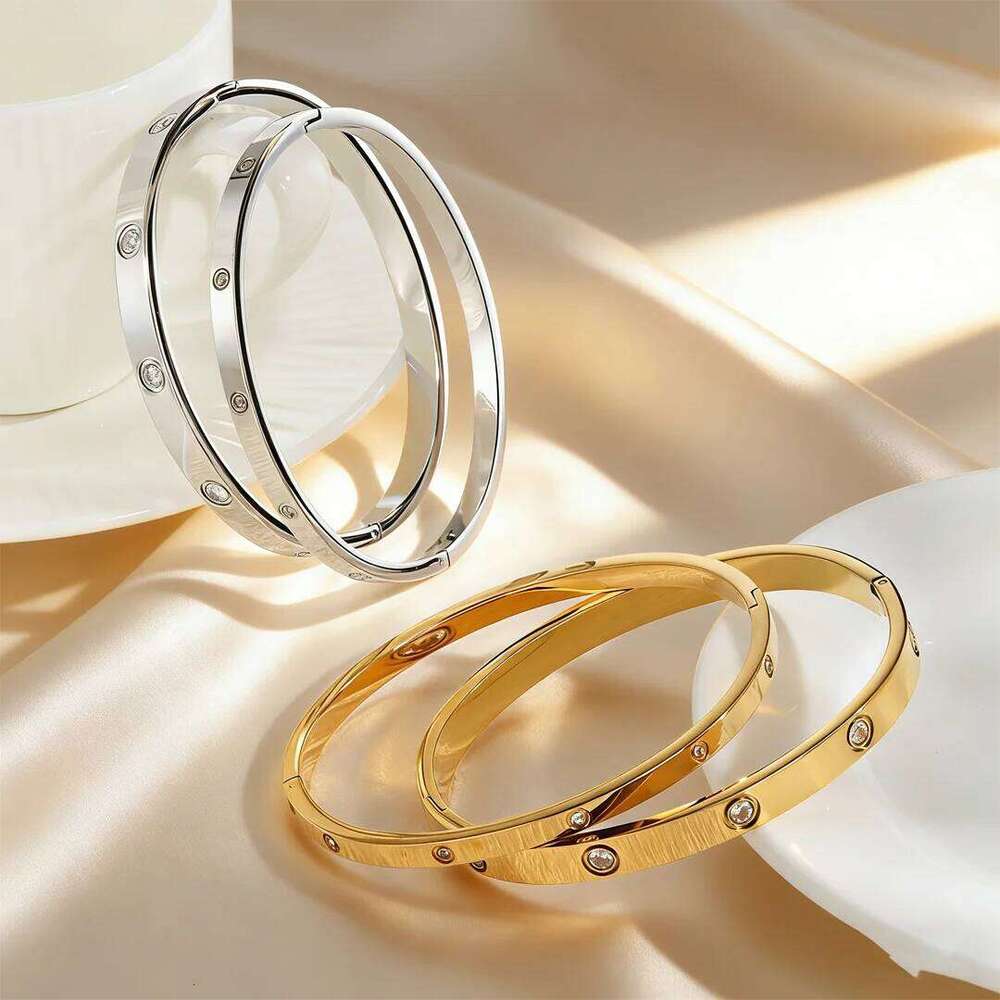 Fashion Gold Color Cubic Zircon Bracelet for Women, Waterproof Stainless Steel Openable Bangle, Charm Luxury Jewelry Gifts Z260123