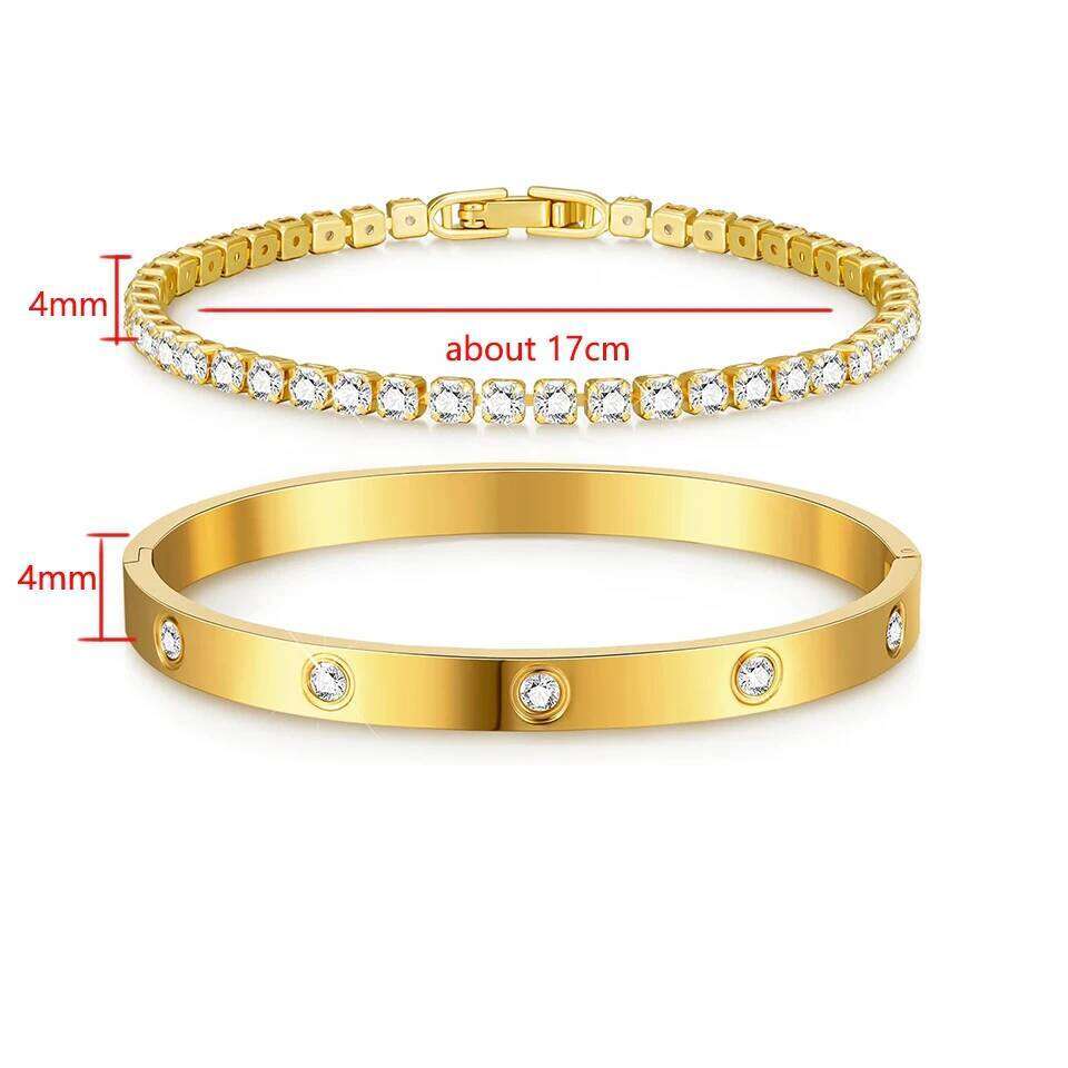 Yupsk 2 Pieces Stainless Steel Zirconia Tennis Bracelet Bangle Round Zircon CZ Aesthetic Women Jewelry Set Gift Z260123