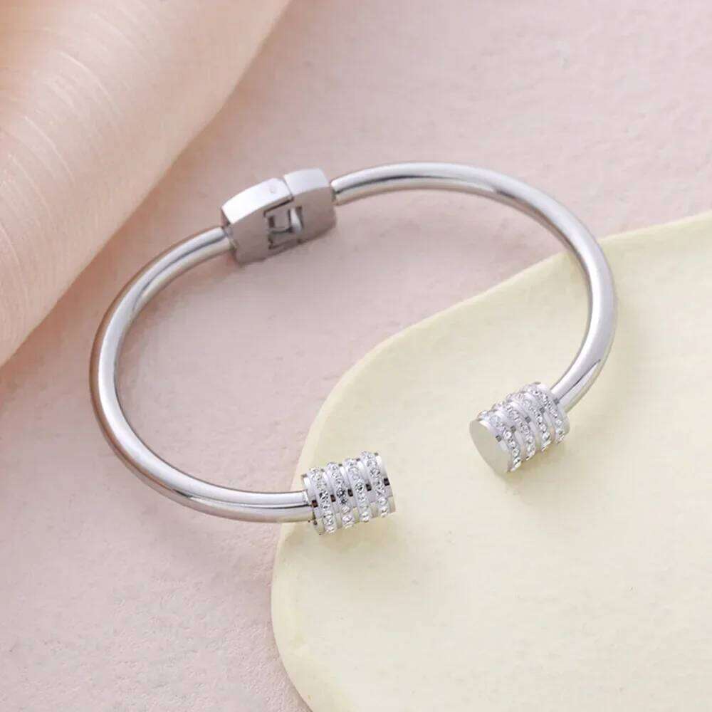 Gold Bangle Cubic Zircon Stone Stainless Steel Plated Size Adjustable Cuff Bracelet Girl Fashion Z260123