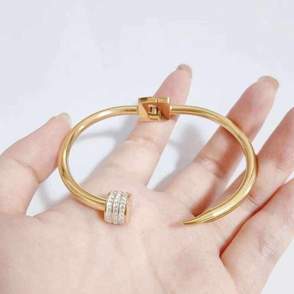 Fashion Stainless Steel Nail Studded Zirconia Open Women Men Golden Couple Holiday Gift Bracelet Party Daily Jewelry Z260123