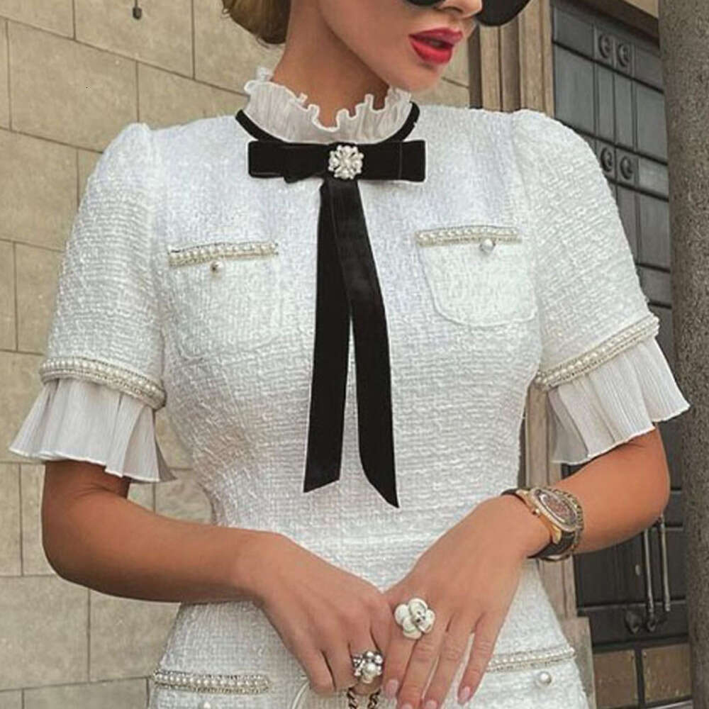 Casual Dresses Women Dress Elegant Round Neck Short Sleeves Bow Ruffle Hem Beaded Fashion Fairycore White Party Outfit