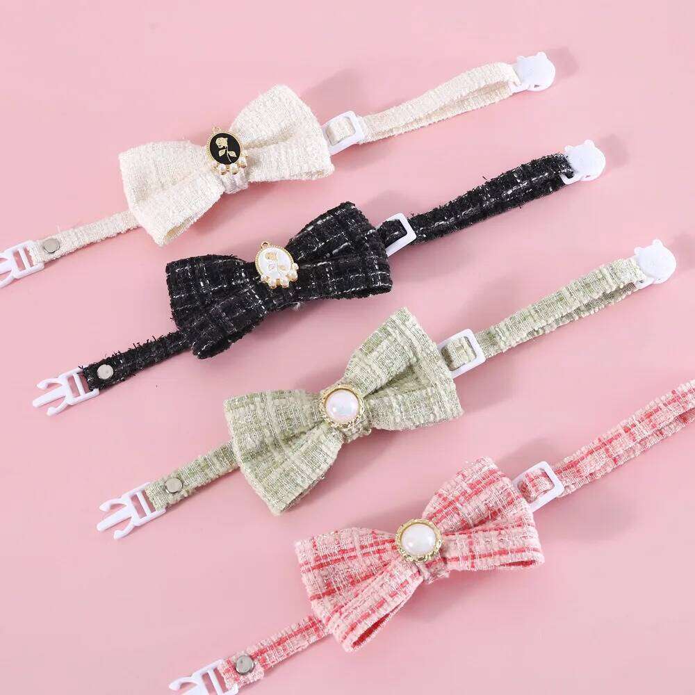 Pet Woven Lattice Pearl Bow Tie Collar For Cats And Dogs, Adjustable Clothing Accessory