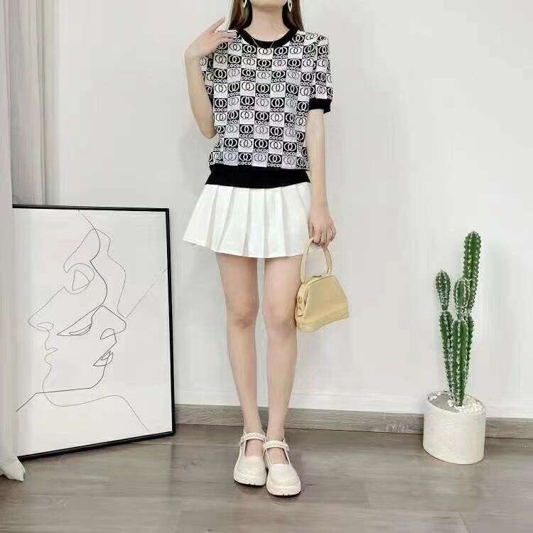 Summer Thin Knitted Short Sleeve T-Shirt For Women, Niche Jacquard Design, European Style, Heavy Embroidery, Rhinestone, Ice Silk Plaid Top Xing Zhigu