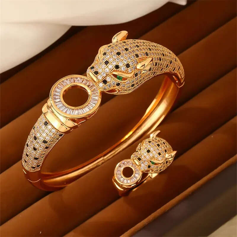 European Bracelet American Style Leopard Design Gold Plated with Cubic Zirconia Accents for Party Wedding and Special Occasion Jewellery Gift High Quality Texture