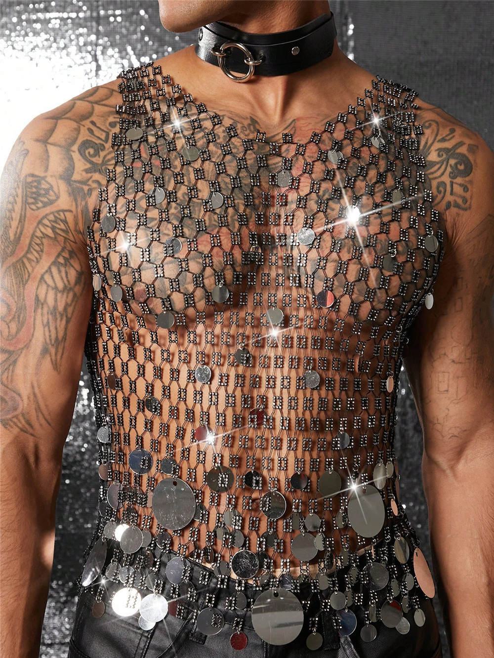 Stage Wear Heavy Duty Rhinestone Cutout Sequin Mesh Cover Up Men Sexy Club Party Sleeveless Tank Top