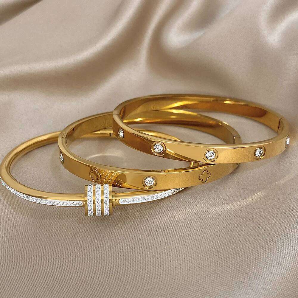 Luxury Stainless Steel Cuff Bangle for Women Men Brand Inlaid Zircon Gold-Plated Lucky Beads Bracelets Bangles Wrist Jewelry Z260123