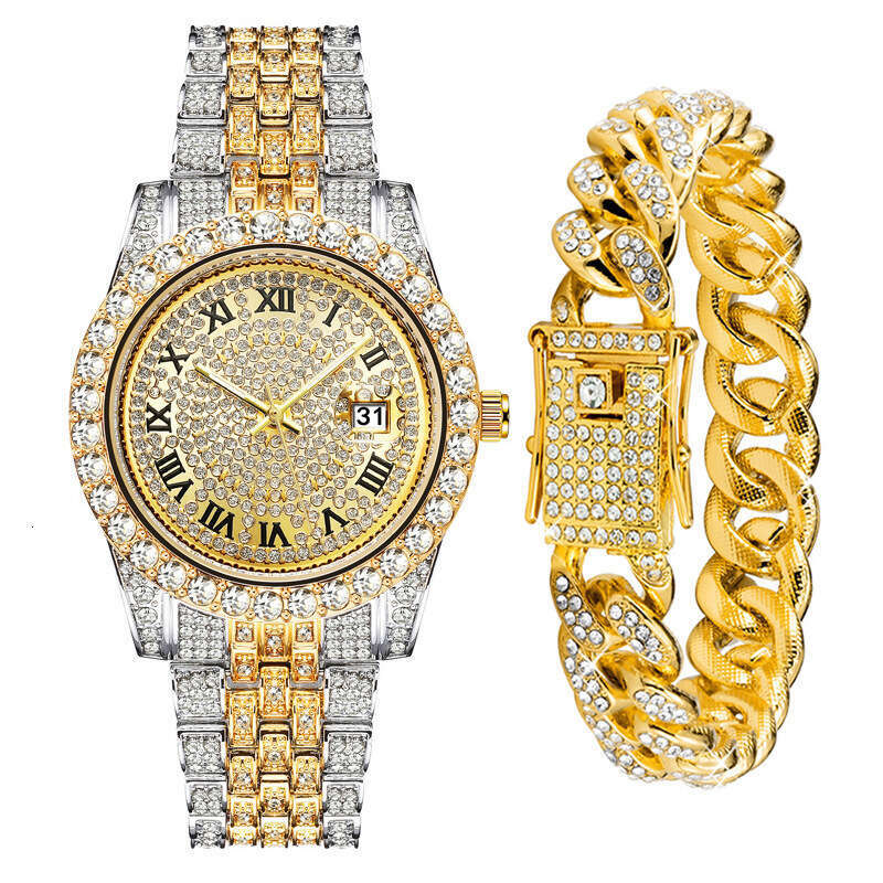 2PES/Set Luxury Fashion Set with Diamonds, European and American Hip-Hop Trendy Cool Men's Watch