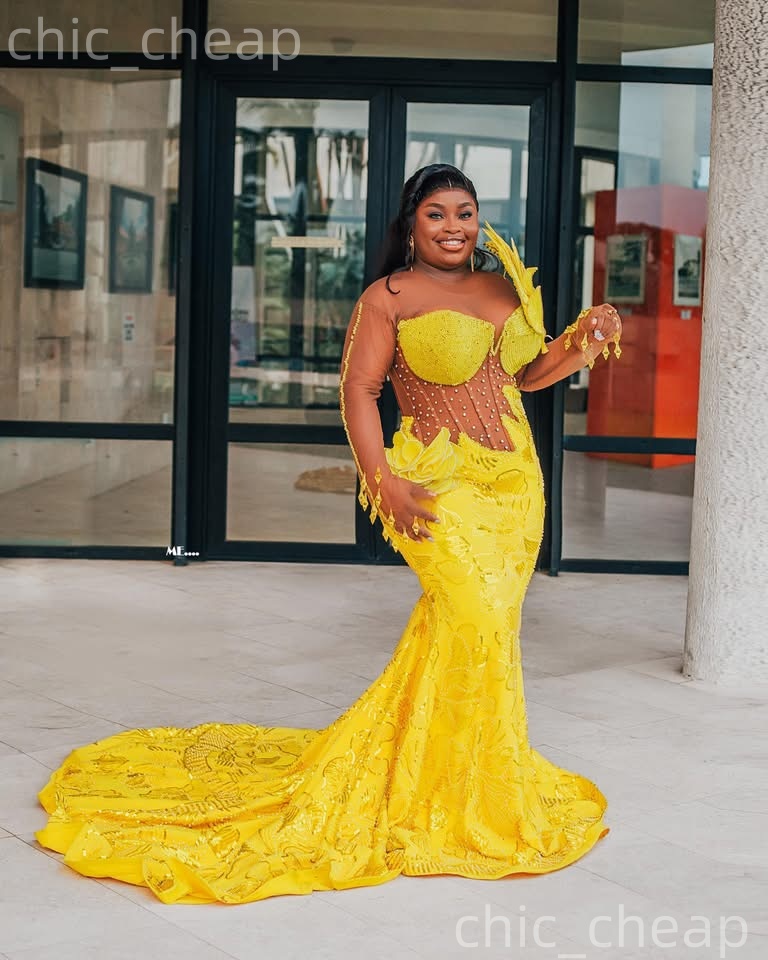 Aso Ebi Yellow Mermaid Prom Dresses 2026 Rhinestones Beaded Florals Evening Formal Party Second Birthday Reception Gowns Dress For Special Occasions