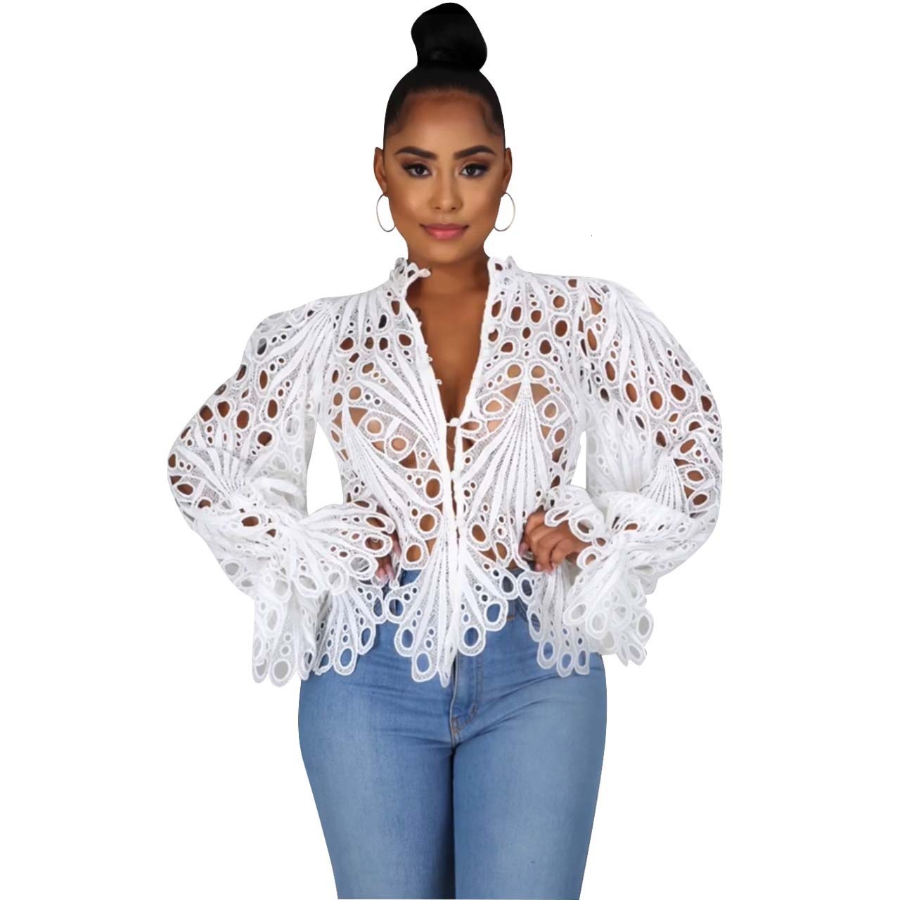 Women's Blouses Shirts Elegant Long Sleeve Hollow Out Mesh Lace Shirt Sheer See Through Top Blouse Clothing Dashiki African For Women 220830