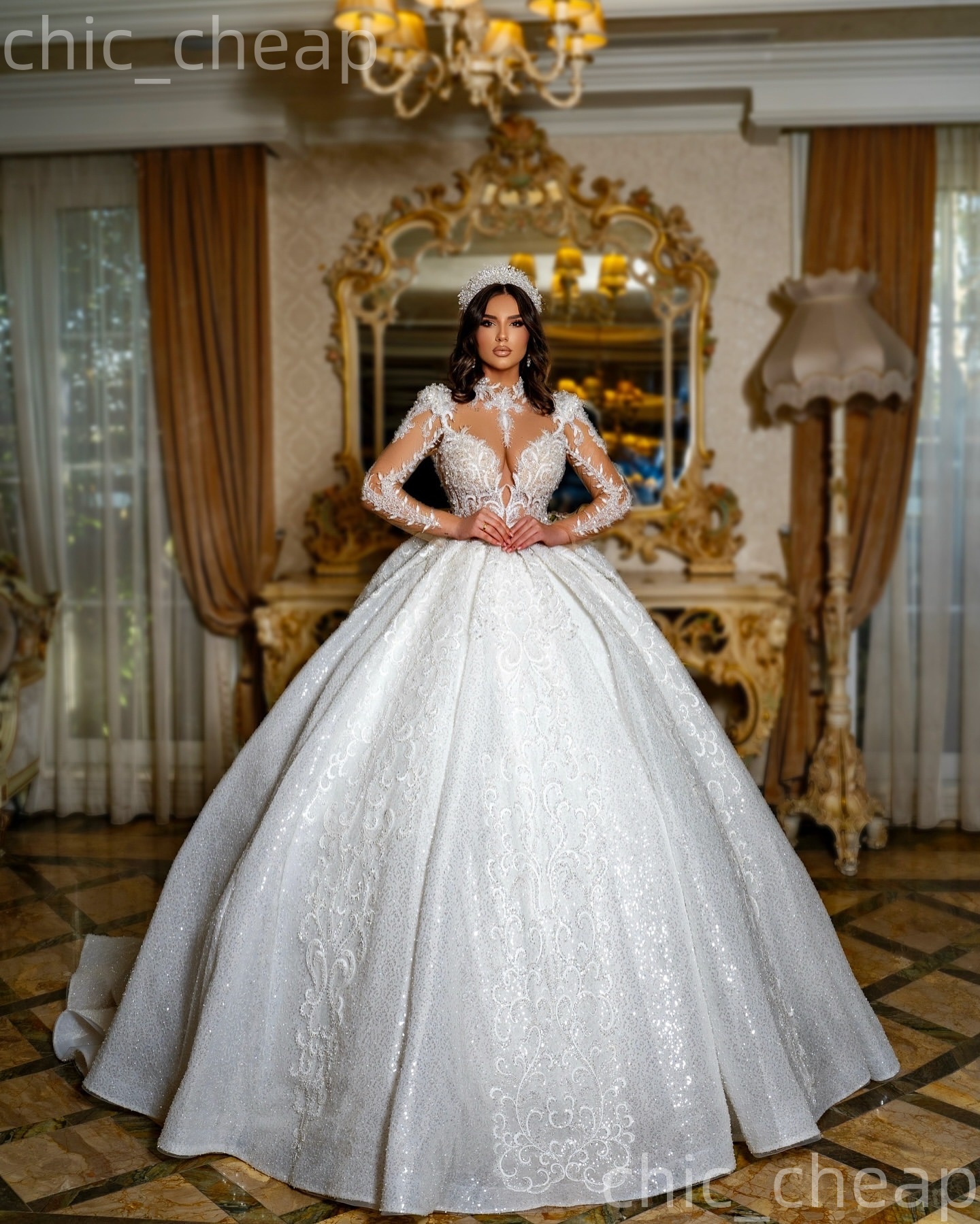 Gorgeous 2026 Ivory Ball Gown Wedding Dress Appliques Beaded Sheer Neck Full Sleeves Sequined Vintage Bridal Gowns Dresses ZJ2390