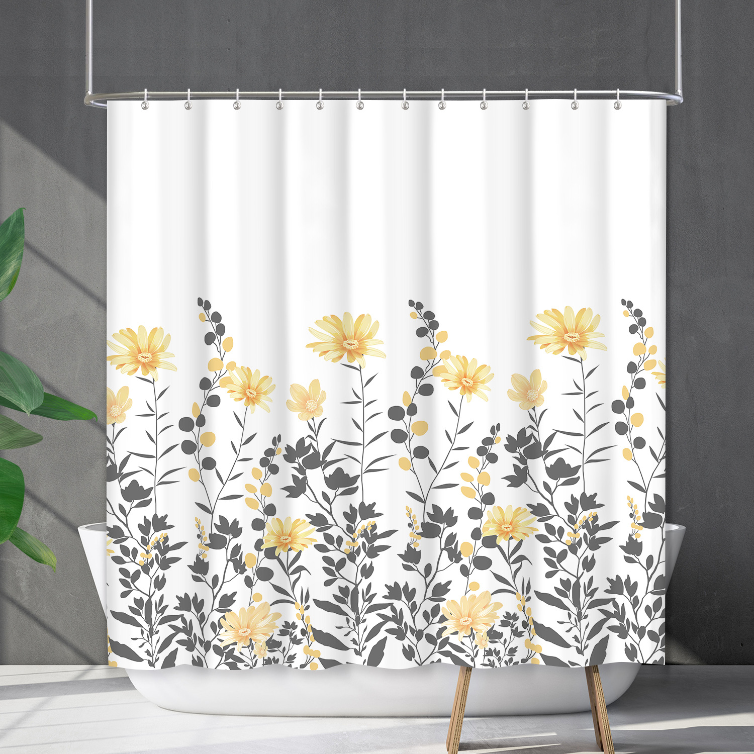 YL-38215 Customized Waterproof Shower Curtain Set with Floral Plants, Flower and Grass Shower Cover, No Drill Required