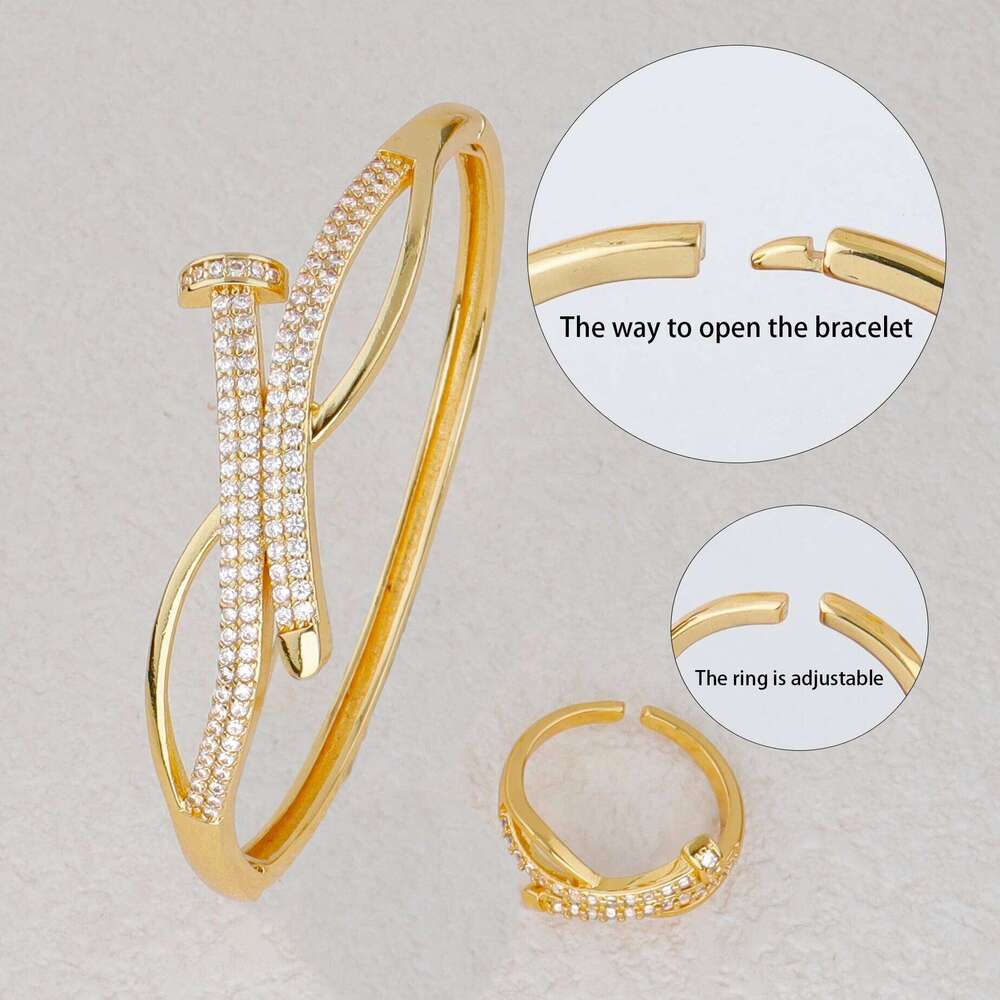 Luxury 18K Gold Plated Stainless Steel Nail Bracelet for Women with Cubic Zirconia Bangle Fashion Daily Wear Jewelry Accessory Z260123