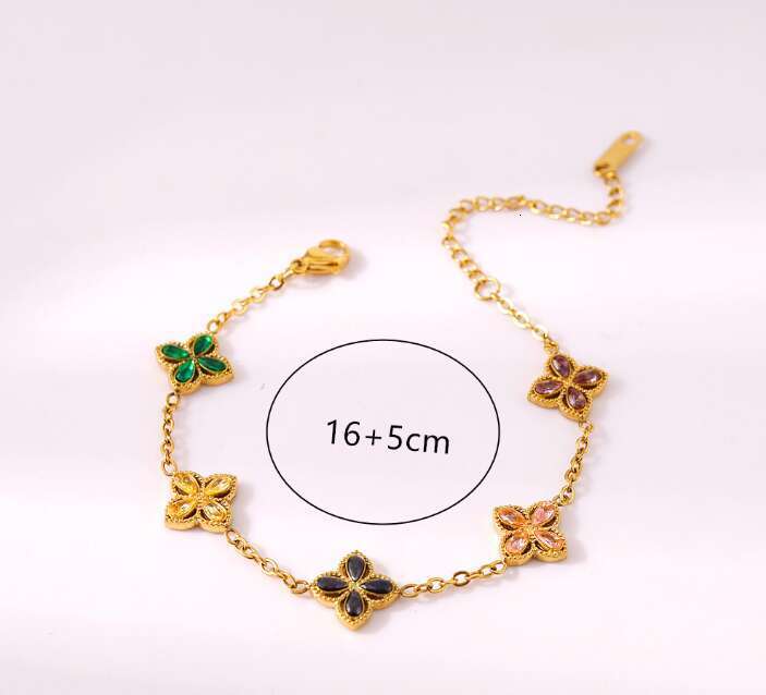 European and American New Style Four-Leaf Clover Stainless Steel 18K Plated Jewelry Colorful Zircon Bracelet