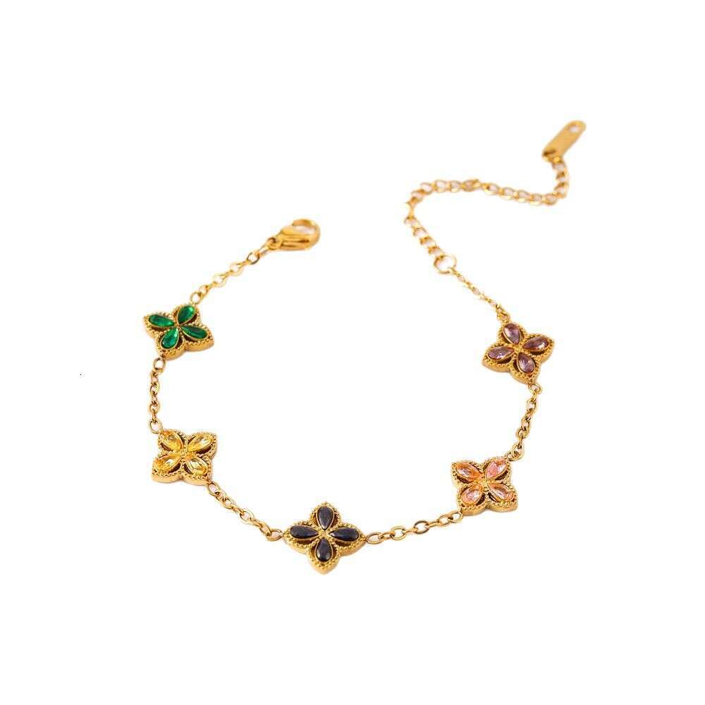 European and American New Style Four-Leaf Clover Stainless Steel 18K Plated Jewelry Colorful Zircon Bracelet