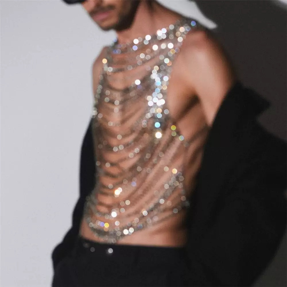 Stage Wear Fashion Men Multi Layer Sparkling Metal Tassel Rhinestone Body Chain Sexy Club Back Chest Chain