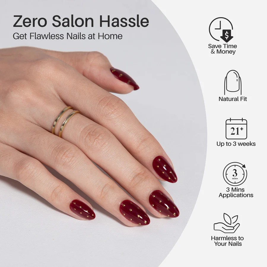 Cherry Dark Red and Gold Polka Dots Press on Nails