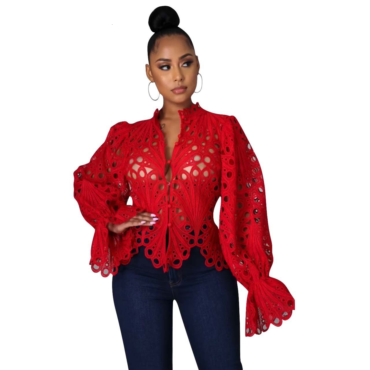 Women's Blouses Shirts Elegant Long Sleeve Hollow Out Mesh Lace Shirt Sheer See Through Top Blouse Clothing Dashiki African For Women 220830