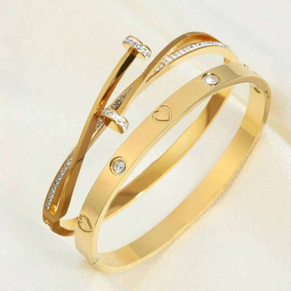 Yupsk 2 Pieces Classic Nail Head Open Bracelet Set For Women Shiny Zircon Inlaid Stainless Steel Bangles Jewelry Gift Z260123