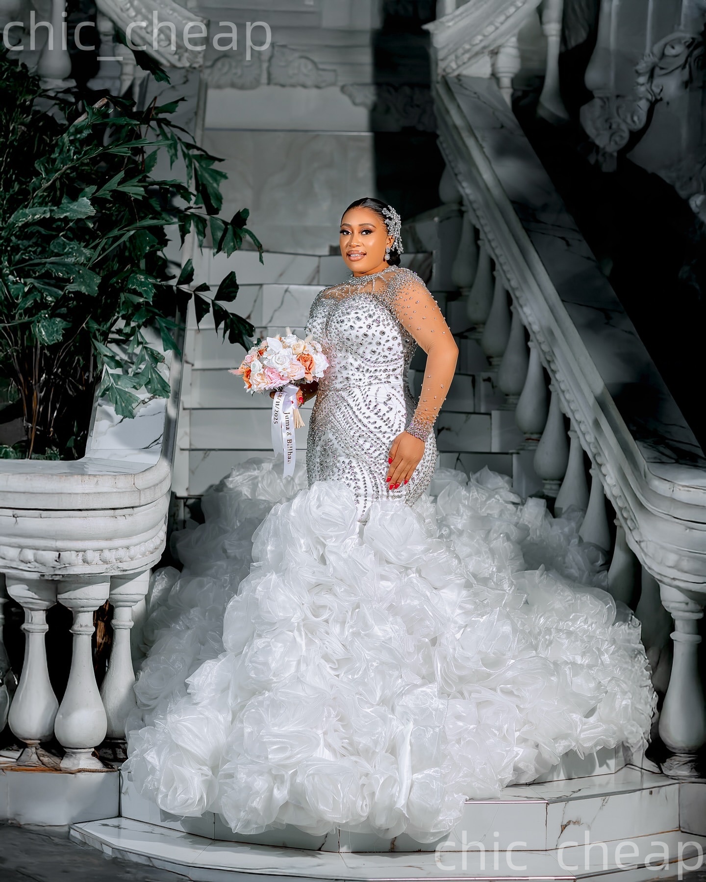 African Aso Ebi 2026 Ivory Mermaid Wedding Dress Luxurious Beaded Crystals Organza Tiers Sheer Neck Bridal Gowns Dresses ZJ2371