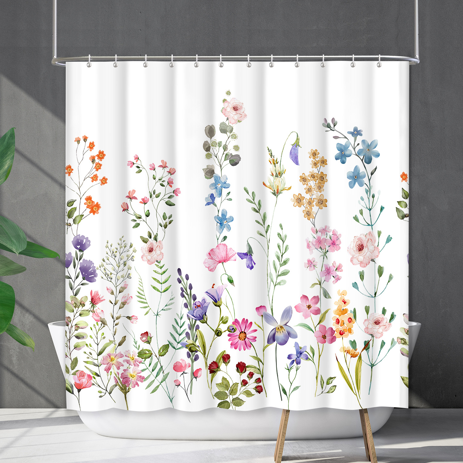 YL-38209 Bathroom Waterproof Shower Curtain Set, Floral Plant Curtain, Flower Shower Cover, No Drill Required