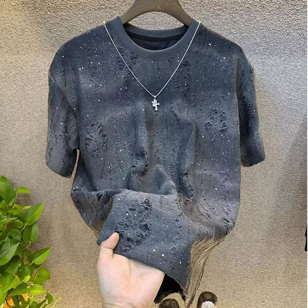 Men's design T-shirt Y2K new style of perforated design rhinestone design starry sky loose pullover short-sleeved street wear daily wear