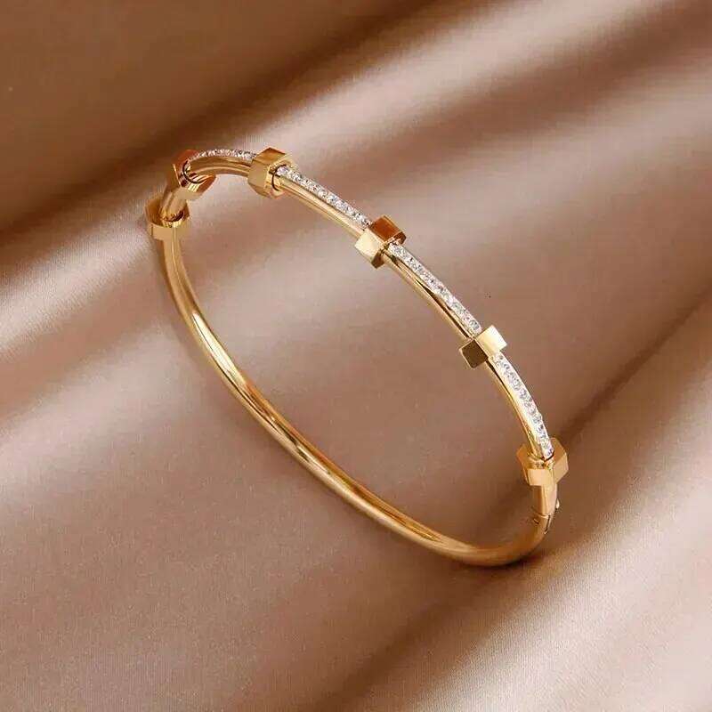 Trendy Round Cubic Zirconia Bangles For Women Men Gold Silver Color Stainless Steel Crystal Bangle Party Jewelry Z260123