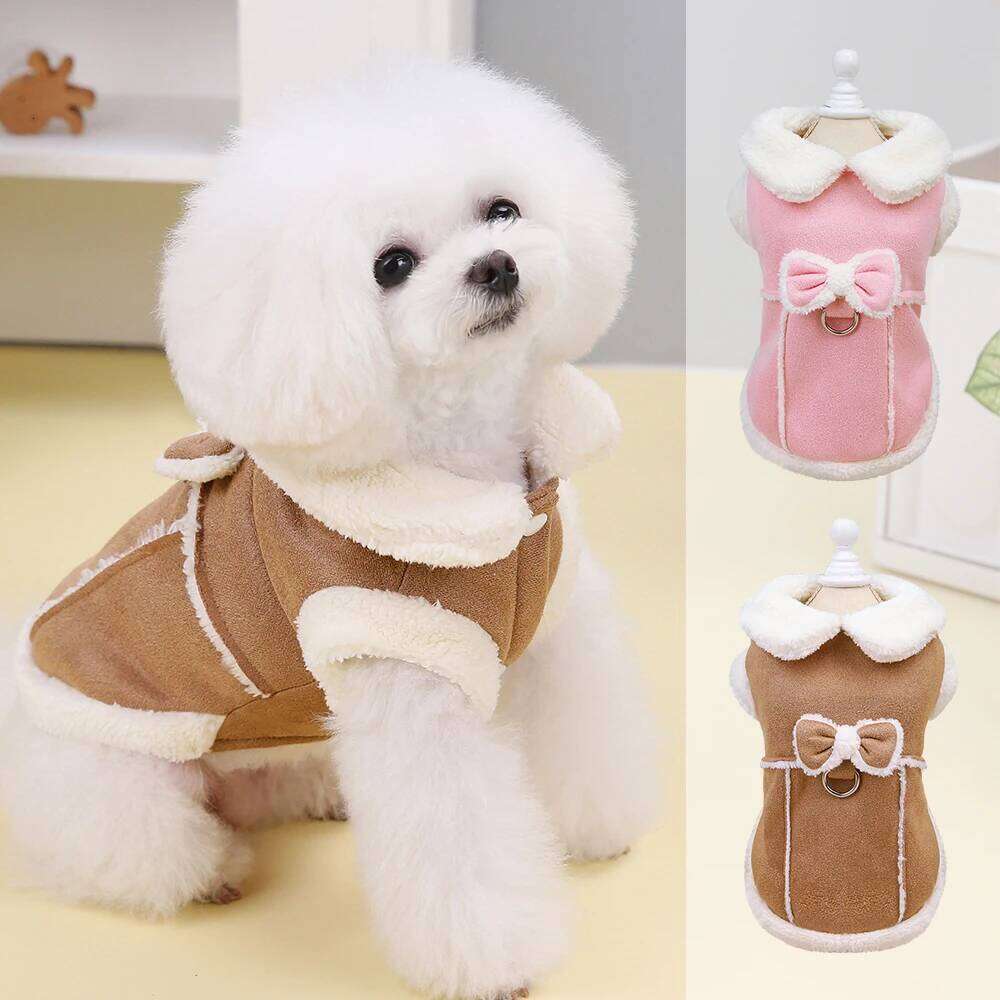 Dog Jacket With Bowknot Decoration, Winter Composite Fabric, Plush Pet Clothing With Traction Ring, Cotton Jacket