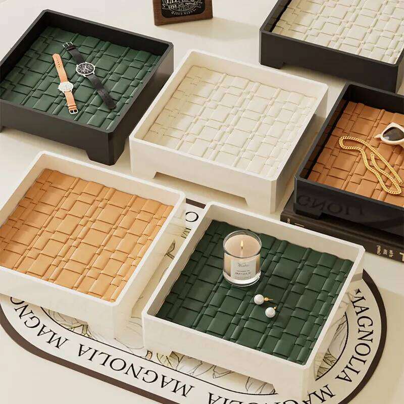 Rectangular Wooden Entryway Storage Tray with Black Leather Accents Tea Tray Aromatherapy Tray Home Decor Tray for the Living Room