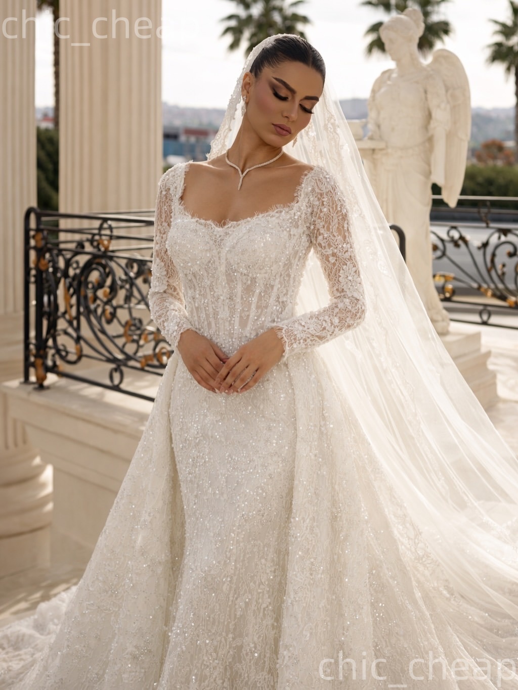 African Aso Ebi 2026 Ivory Mermaid Wedding Dress Full Sleeves Lace Detachable Train Elegant Vintage Bridal Gowns Dresses ZJ2377