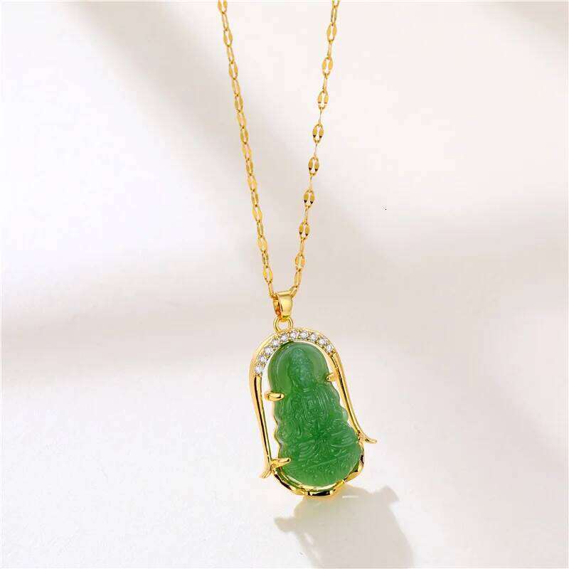 Elegant Green Guanyin Pendant Stainless Steel Necklaces For Women Vintage Style Lucky Guard Female Neck Chain Jewelry Wholesale Z260123