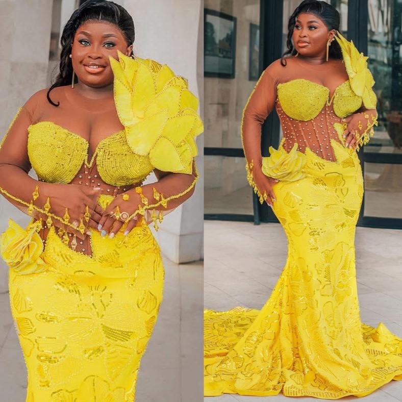 Aso Ebi Yellow Mermaid Prom Dresses 2026 Rhinestones Beaded Florals Evening Formal Party Second Birthday Reception Gowns Dress For Special Occasions
