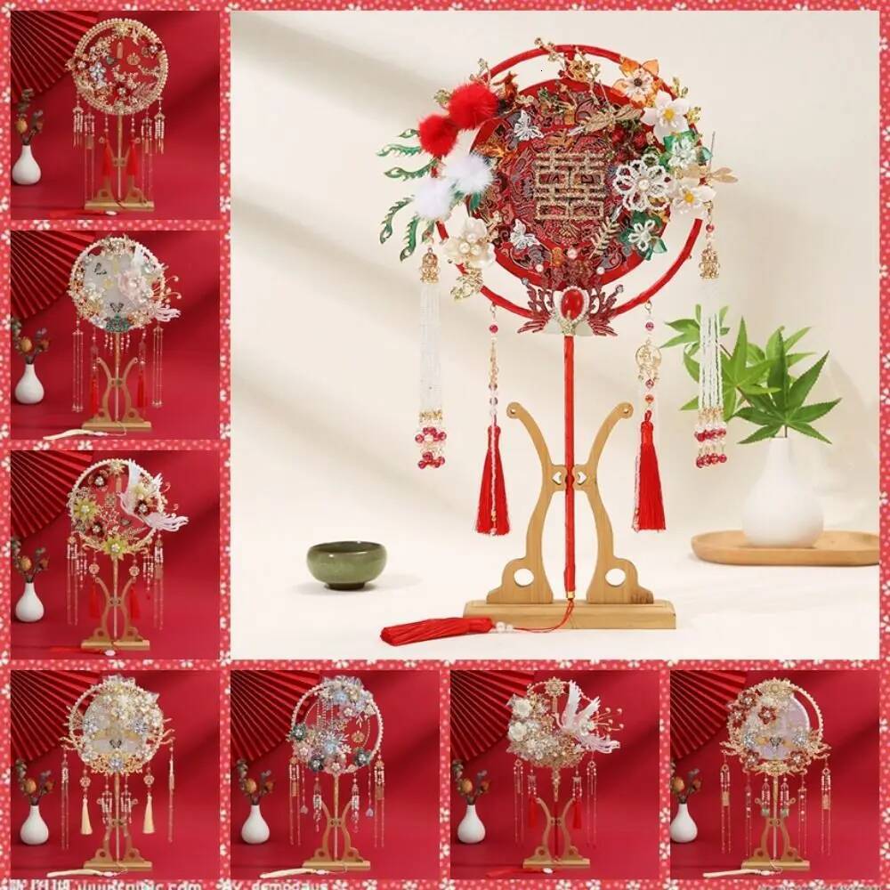 Antique Style Bride Group Handmade Flower Desig Show with Tassel Long Handle Decorative Fan For Chinese Wedding ddmynov