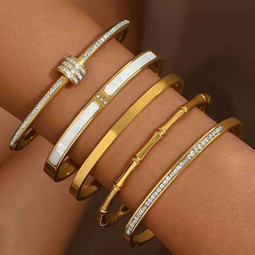 Stackable Gold Plated Bracelet for Women Her Crystal Pearl Bamboo Stainless Steel Bangles Daily Party Jewelry 2025 Trendy Gift Z260123