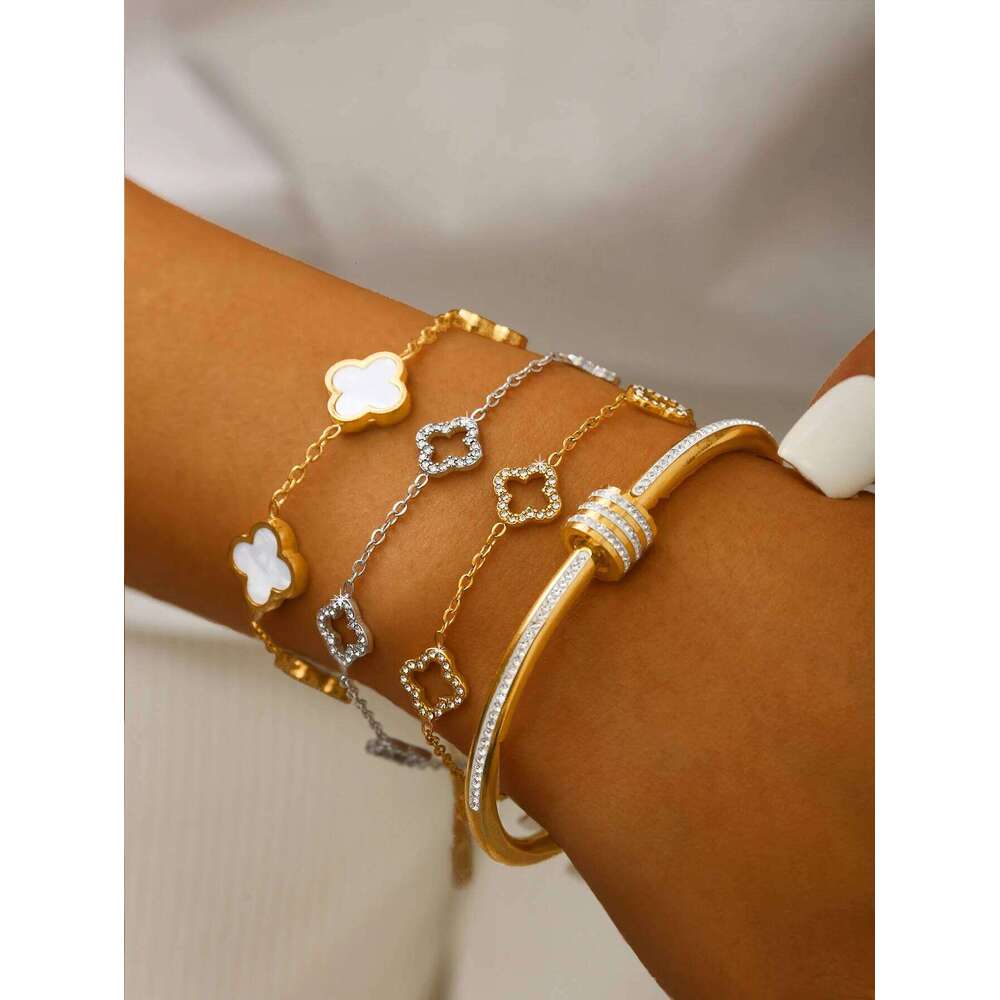 Korean Light Luxury Senior Stainless Steel With Diamonds Circle, Clover, Hollow Flower Bracelet Female Z260123