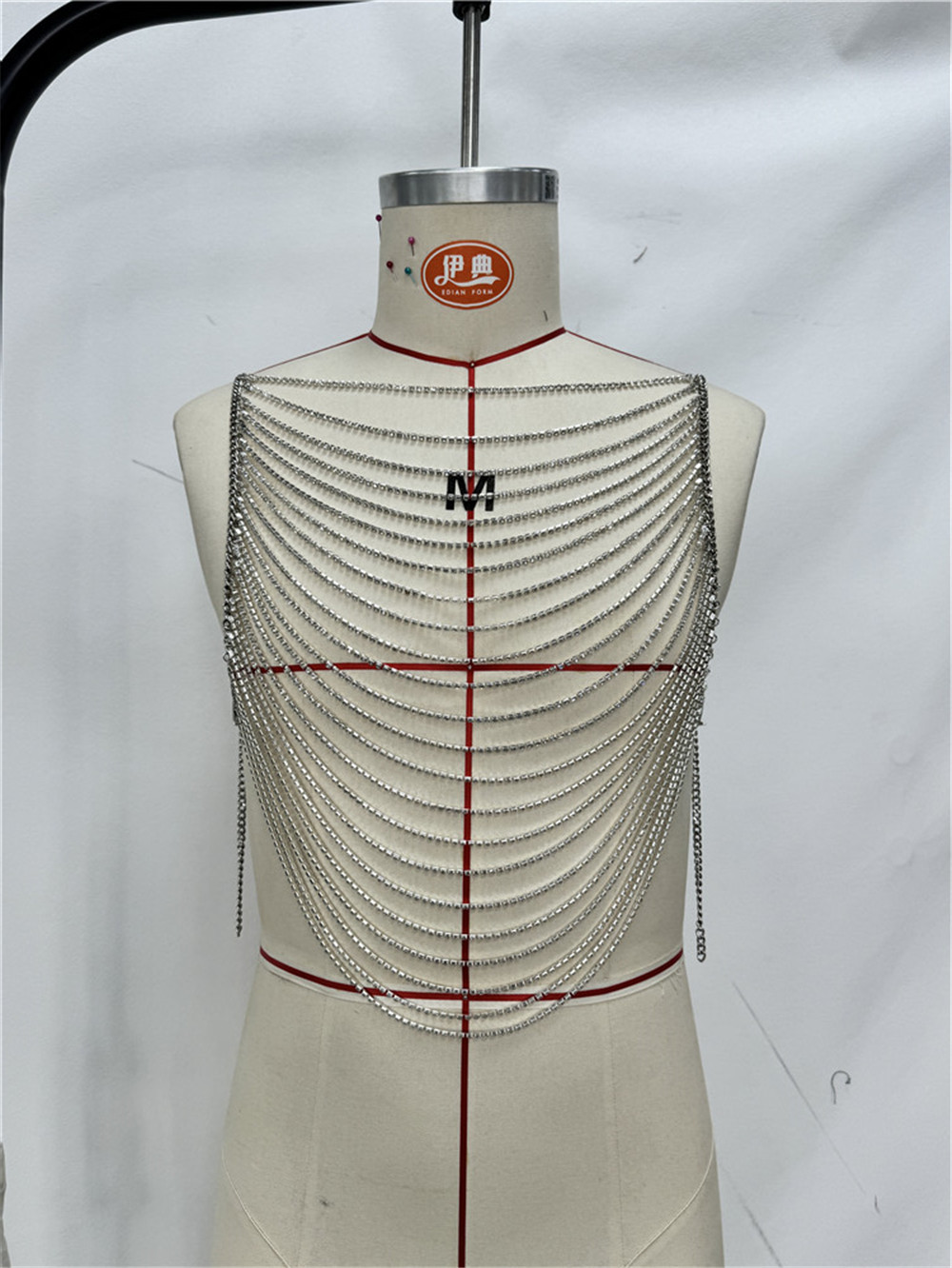 Stage Wear Fashion Men Multi Layer Sparkling Metal Tassel Rhinestone Body Chain Sexy Club Back Chest Chain