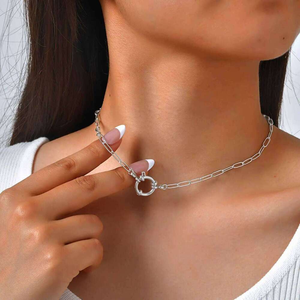 Vnox 2 Color Rectangular Chain 40cm Necklaces For Women, Stainless Steel Round Buckle Pendant, Metal Choker Neck Jewelry Gifts Z260123