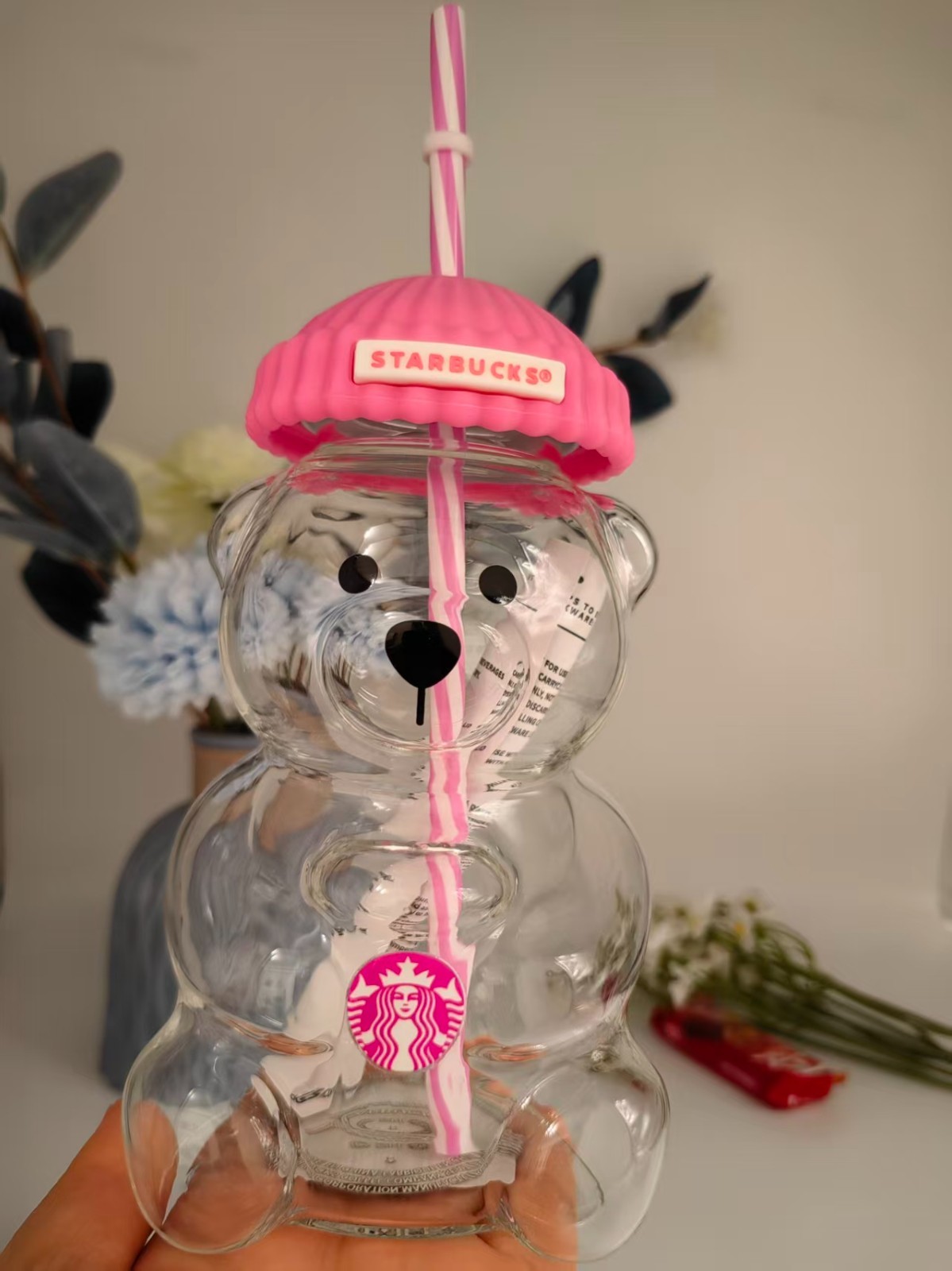 Strawberry Pink Star bucks Bearista Glass Bear Cup Tumbler Hat Mug Iced Coffee Cold Drink Valentines Day Gift Limited Edition Water Bottles