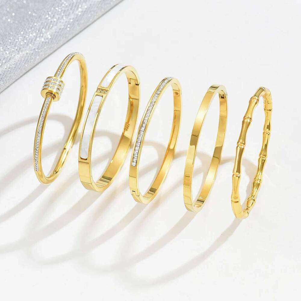 Stackable Gold Plated Bracelet for Women Her Crystal Pearl Bamboo Stainless Steel Bangles Daily Party Jewelry 2025 Trendy Gift Z260123