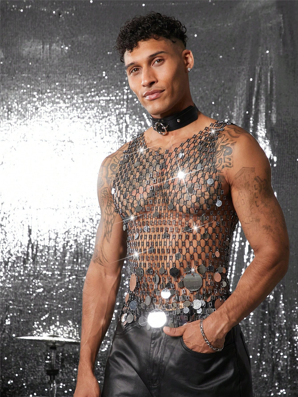 Stage Wear Heavy Duty Rhinestone Cutout Sequin Mesh Cover Up Men Sexy Club Party Sleeveless Tank Top