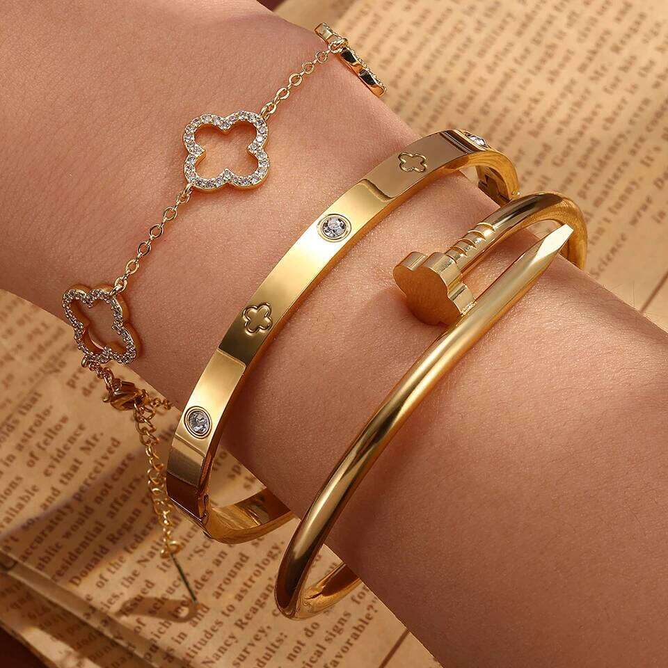 Yupsk 3Pcs Stainless Steel 18K Gold Plated Flower Nails Stacked Bracelet Bangles Shiny Zircon Couple Jewelry Gift Z260123